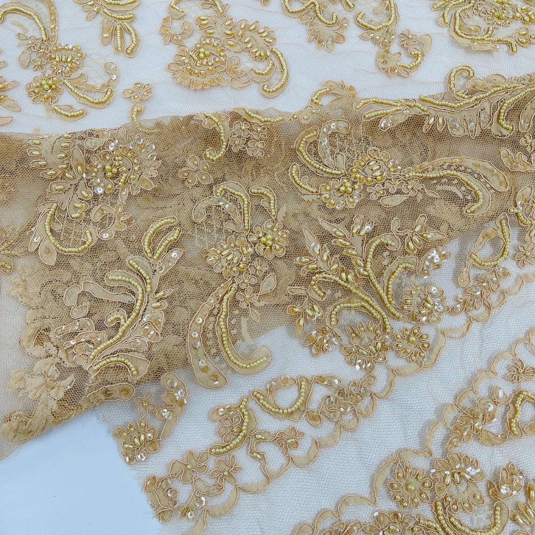 My Lady Luxury Lace - Khaki - Hand Beaded Design with Embroidered Sequins and Beads On a Mesh Lace Fabric. Sold By The Yard