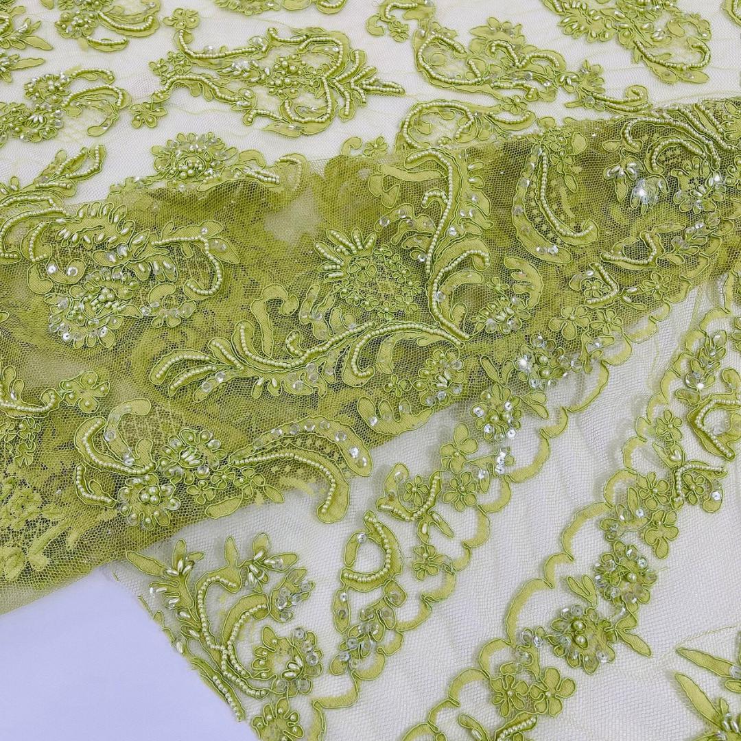 My Lady Luxury Lace - Lime - Hand Beaded Design with Embroidered Sequins and Beads On a Mesh Lace Fabric. Sold By The Yard