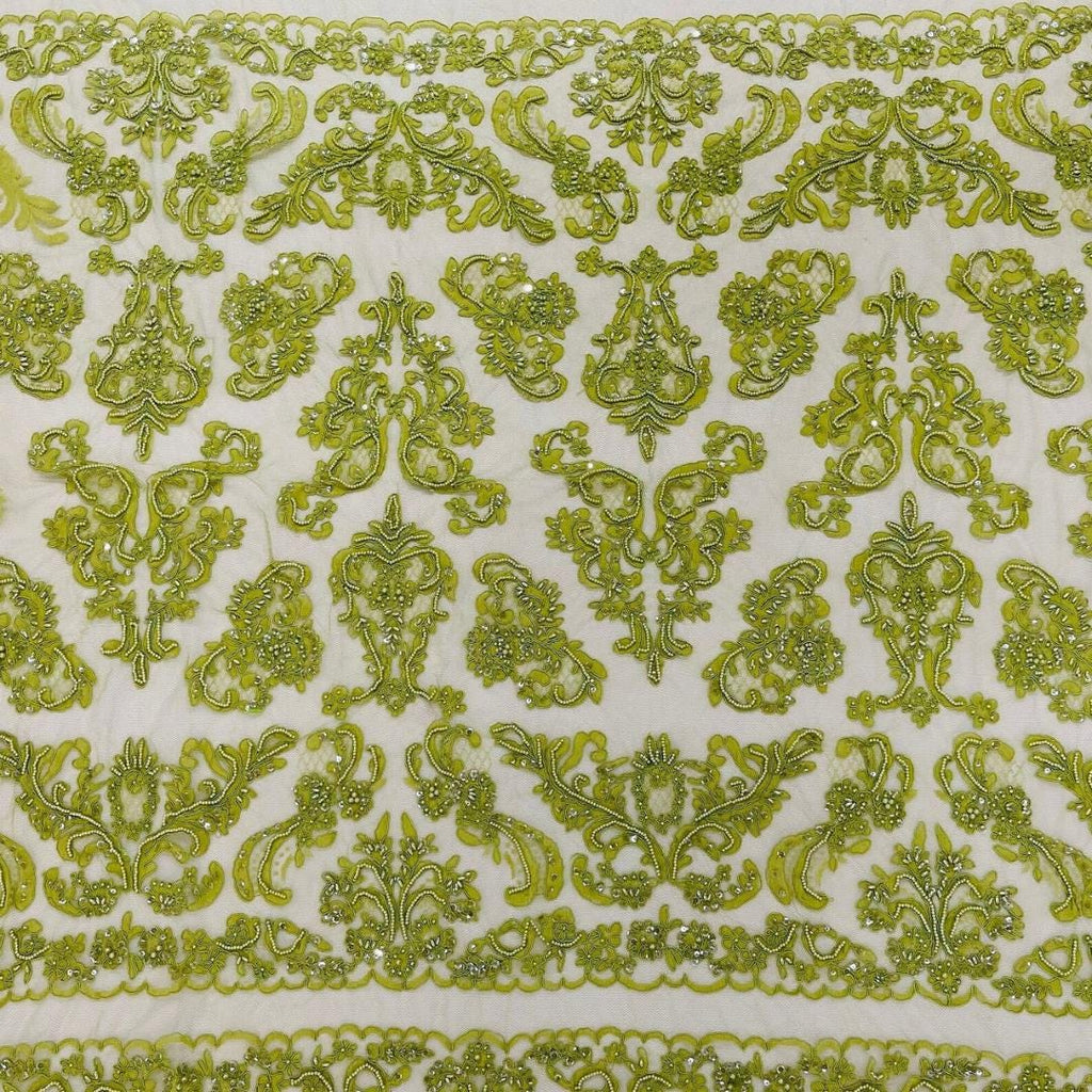 My Lady Luxury Lace - Lime - Hand Beaded Design with Embroidered Sequins and Beads On a Mesh Lace Fabric. Sold By The Yard