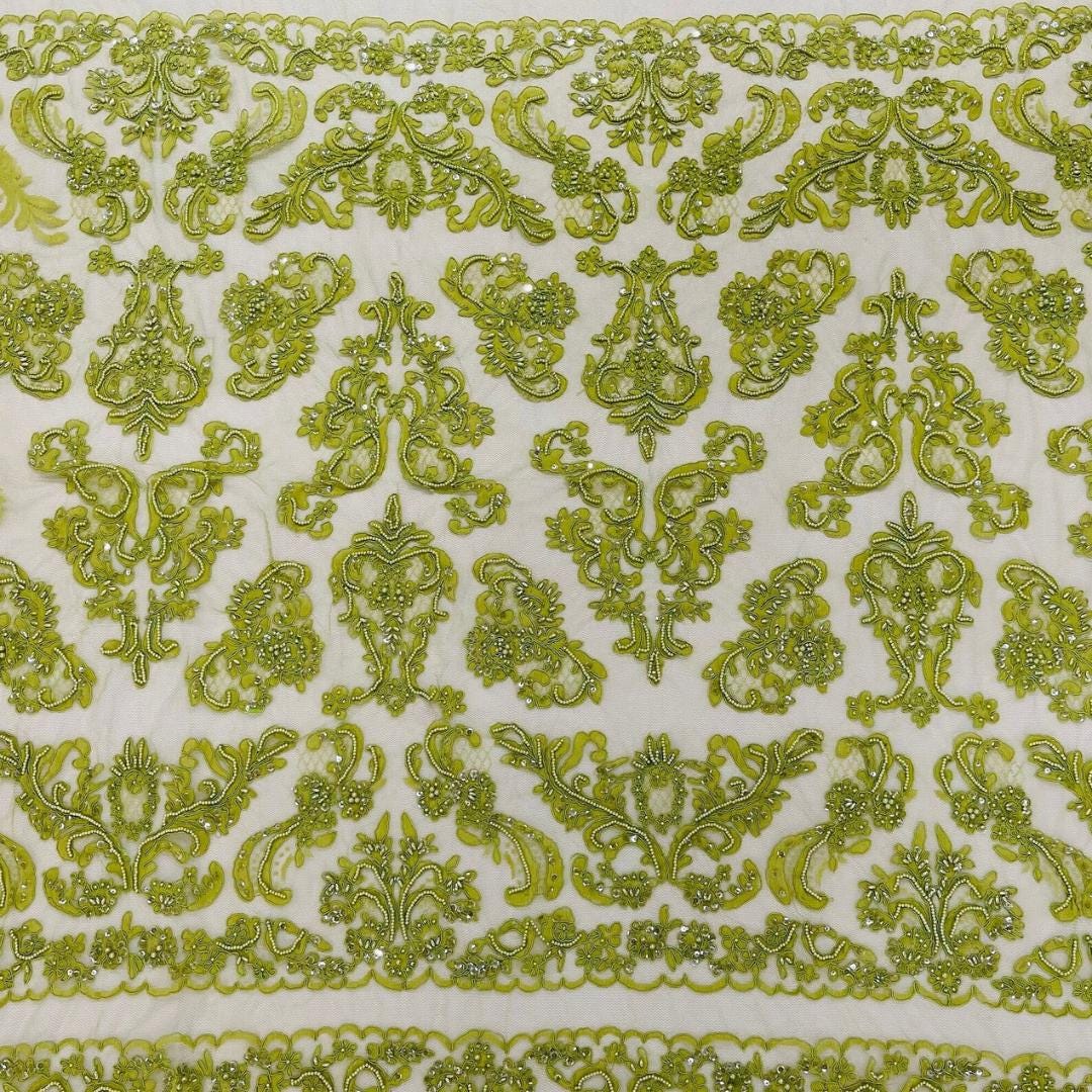 My Lady Luxury Lace - Lime - Hand Beaded Design with Embroidered Sequins and Beads On a Mesh Lace Fabric. Sold By The Yard