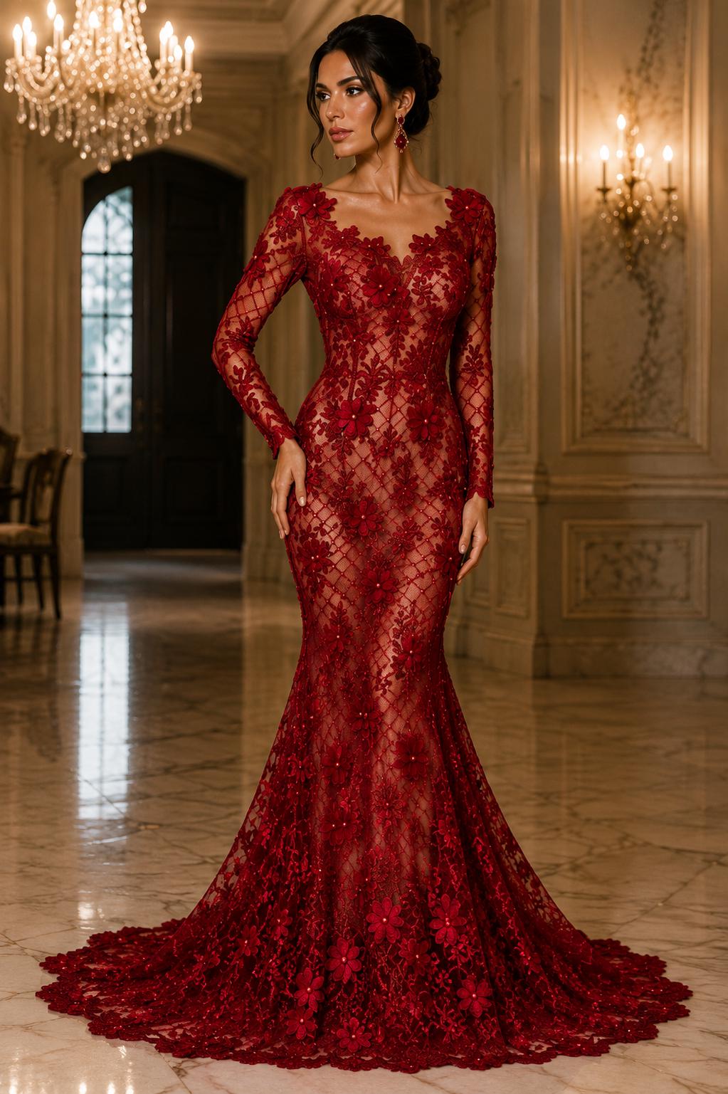 3D Floral Embroidery Lace with Pearls Fabric -  BURGUNDY - Sold By The Yard Fabric