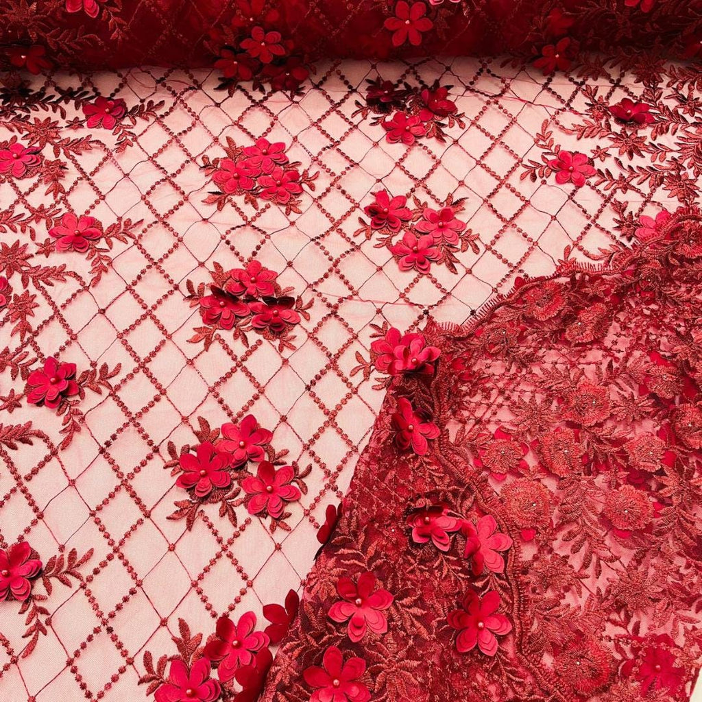 3D Floral Embroidery Lace with Pearls Fabric -  BURGUNDY - Sold By The Yard Fabric