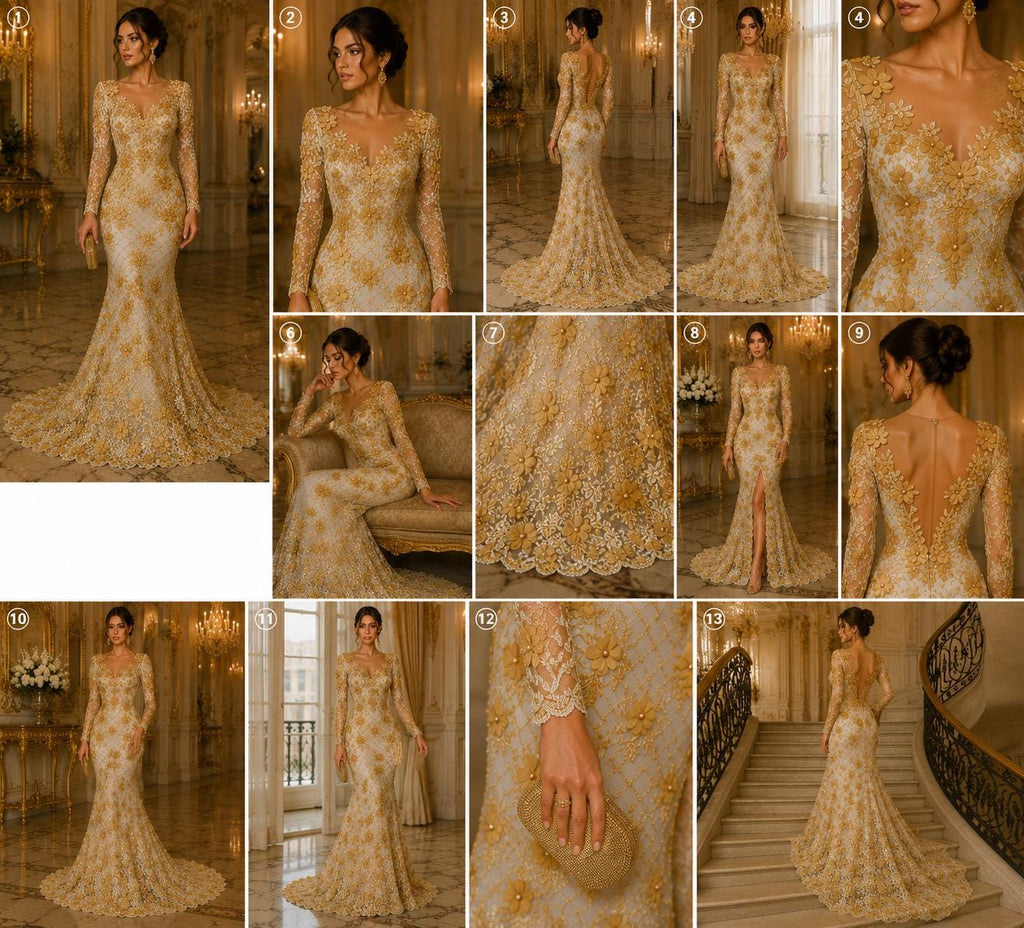 3D Floral Embroidery Lace with Pearls Fabric -  GOLD - Sold By The Yard Fabric
