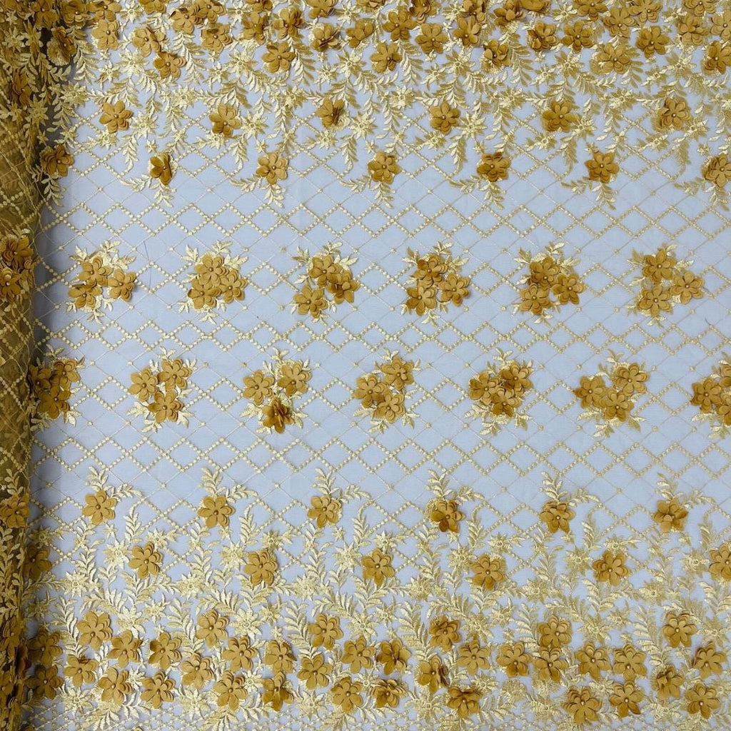 3D Floral Embroidery Lace with Pearls Fabric -  GOLD - Sold By The Yard Fabric
