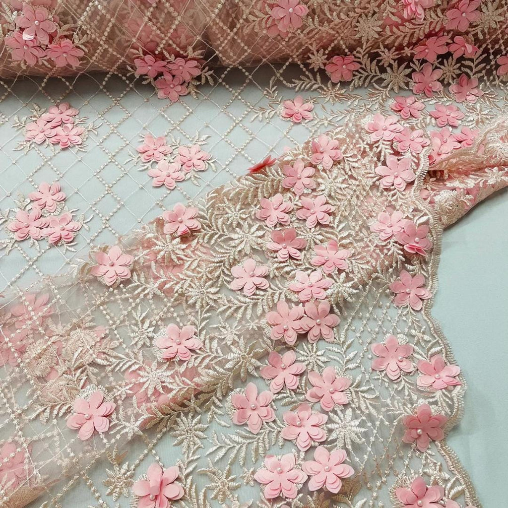 3D Floral Embroidery Lace with Pearls Fabric -  PINK - Sold By The Yard Fabric