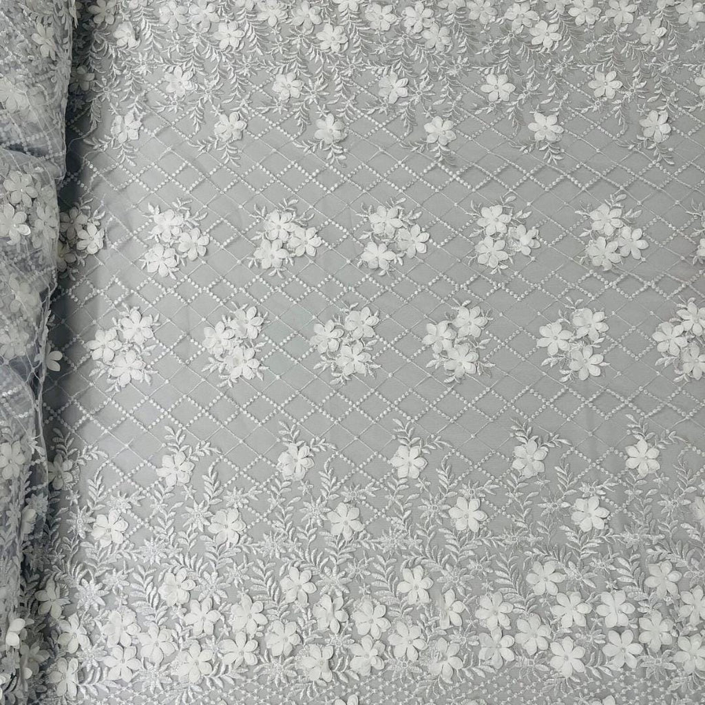 3D Floral Embroidery Lace with Pearls Fabric -  WHITE - Sold By The Yard Fabric