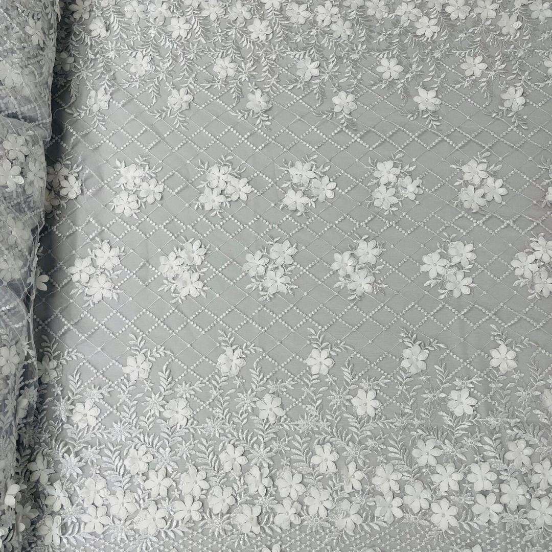 3D Floral Embroidery Lace with Pearls Fabric -  WHITE - Sold By The Yard Fabric