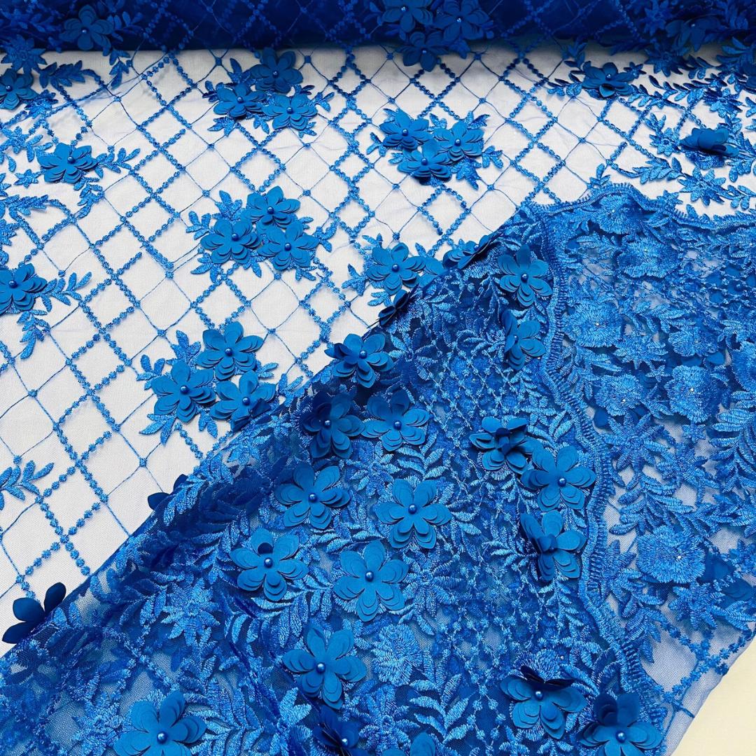 3D Floral Embroidery Lace with Pearls Fabric -  ROYAL BLUE - Sold By The Yard Fabric