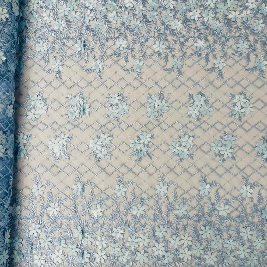 3D Floral Embroidery Lace with Pearls Fabric - LT BLUE - Sold By The Yard Fabric