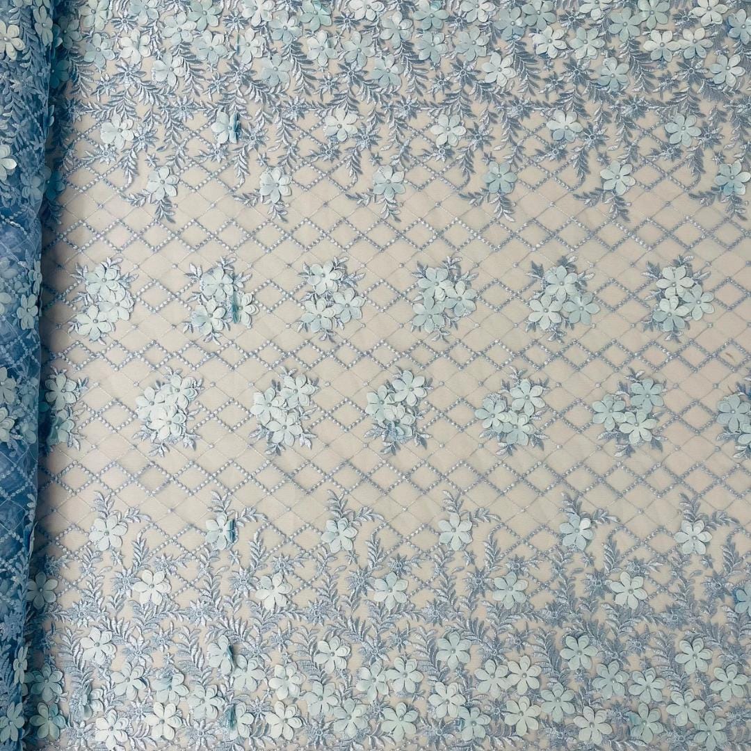 3D Floral Embroidery Lace with Pearls Fabric - LT BLUE - Sold By The Yard Fabric