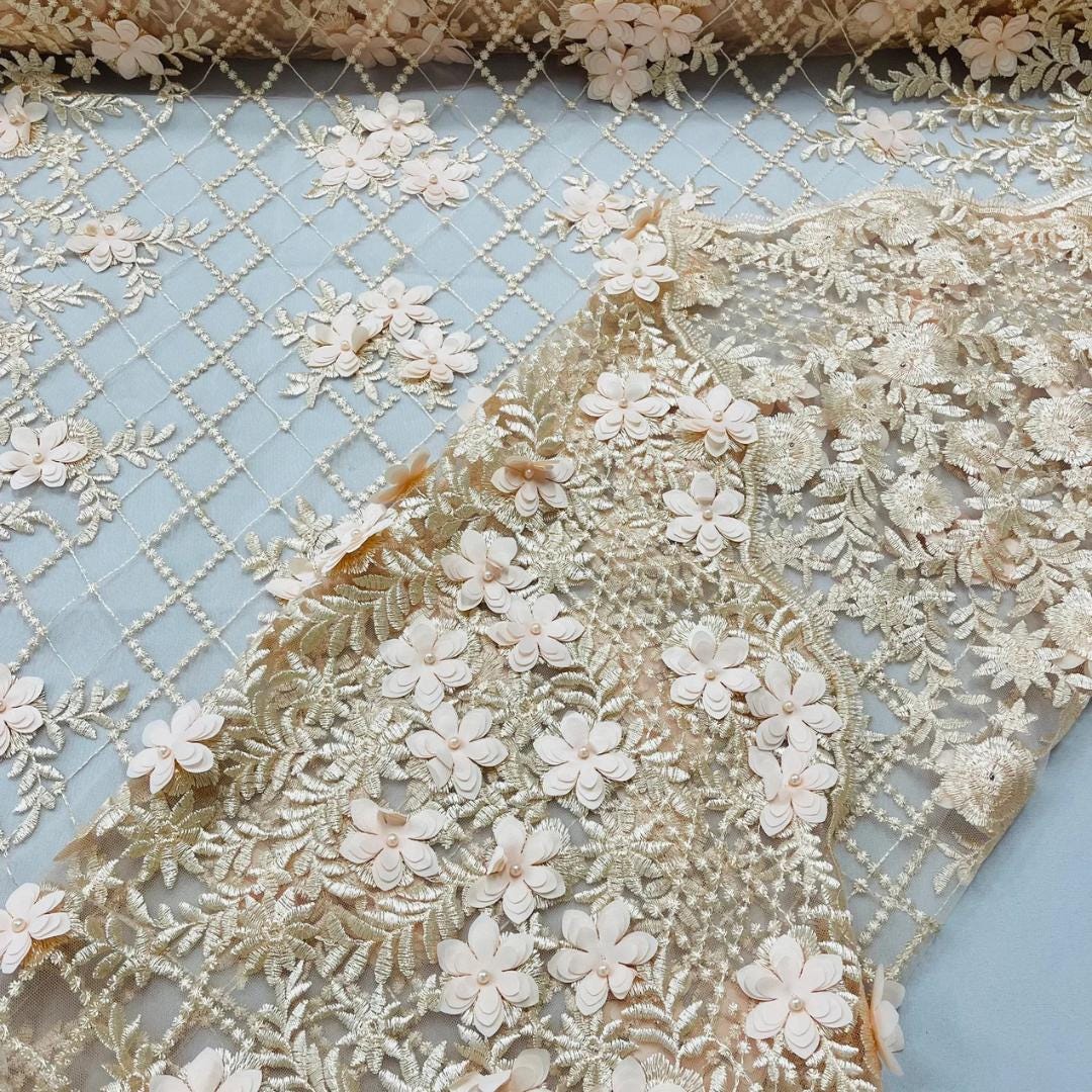 3D Floral Embroidery Lace with Pearls Fabric - PEACH - Sold By The Yard Fabric