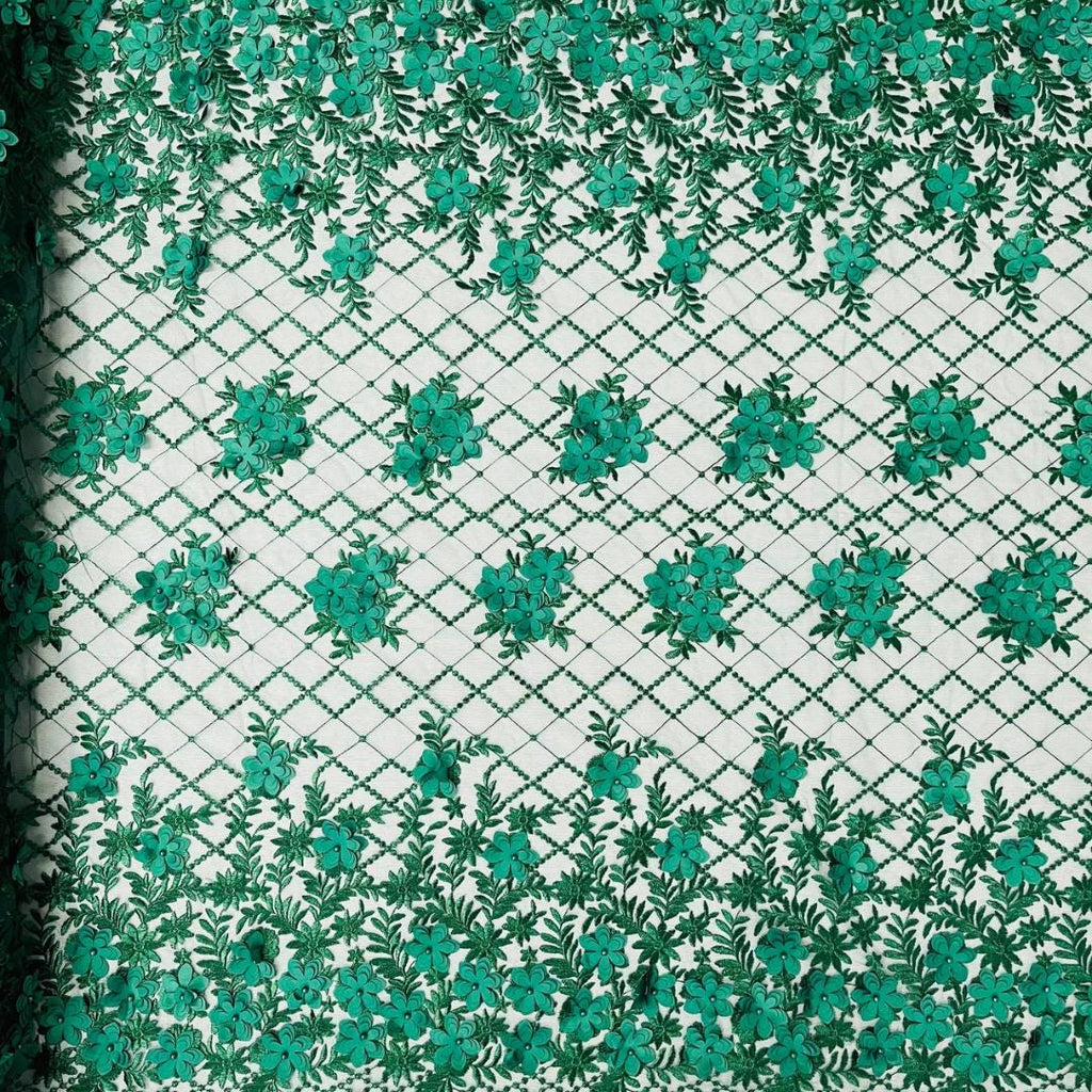 3D Floral Embroidery Lace with Pearls Fabric - HUNTER - Sold By The Yard Fabric