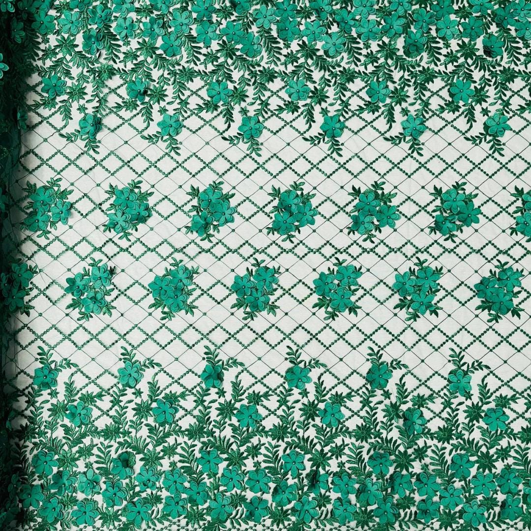 3D Floral Embroidery Lace with Pearls Fabric - HUNTER - Sold By The Yard Fabric