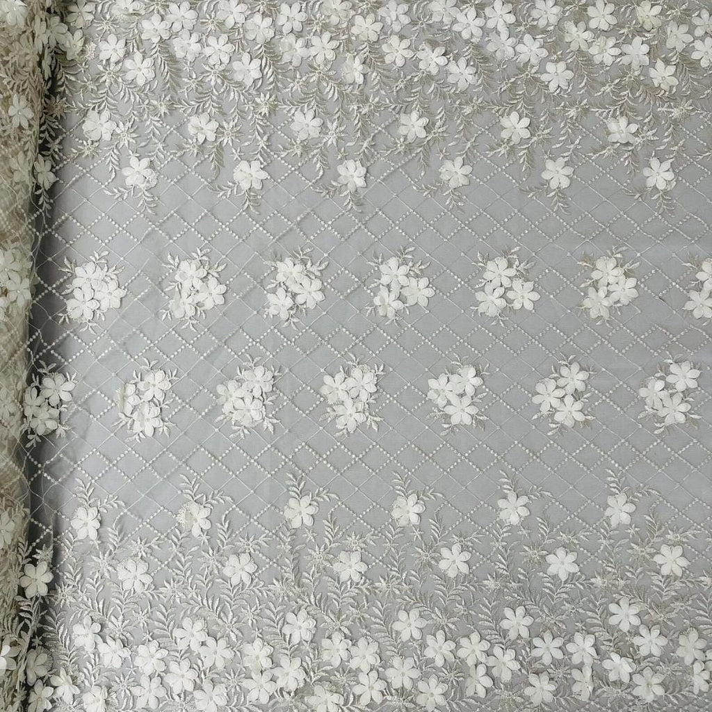 3D Floral Embroidery Lace with Pearls Fabric - IVORY - Sold By The Yard Fabric