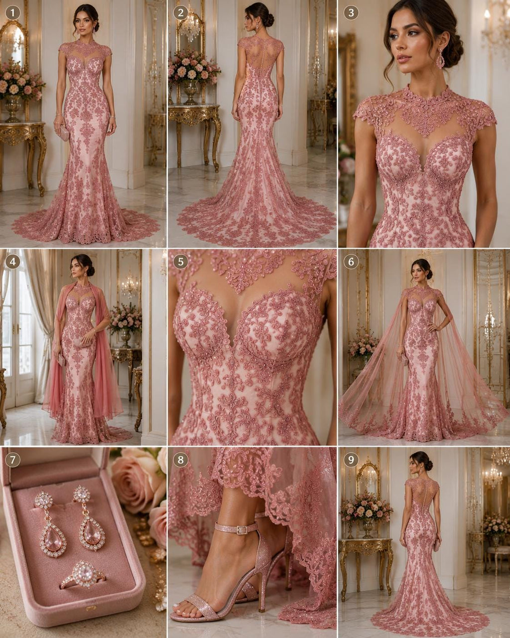 My Lady Luxury Lace - Dusty Rose - Hand Beaded Design with Embroidered Sequins and Beads On a Mesh Lace Fabric. Sold By The Yard