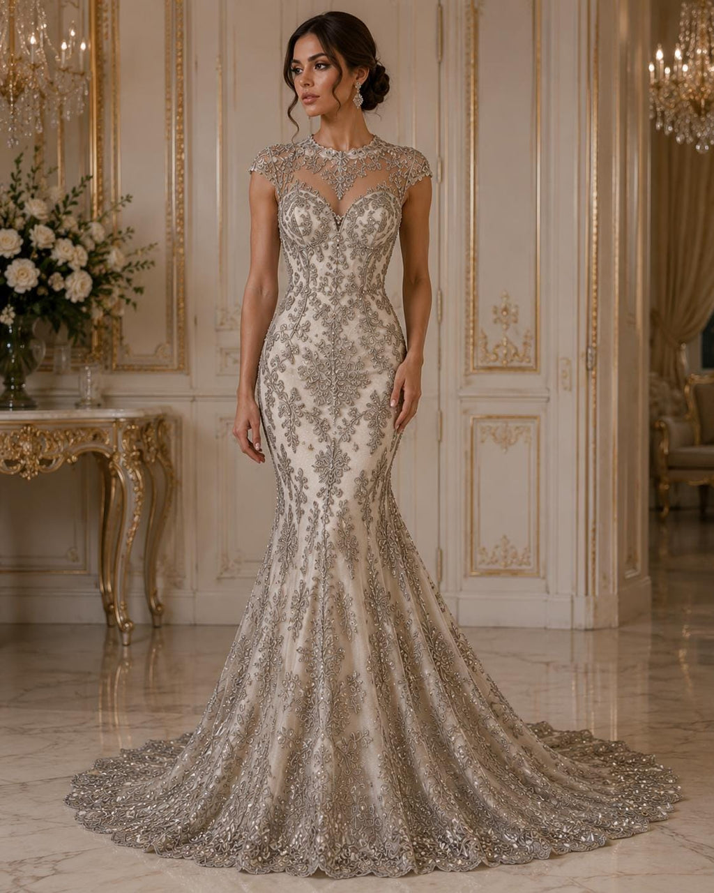 My Lady Luxury Lace - Silver - Hand Beaded Design with Embroidered Sequins and Beads On a Mesh Lace Fabric. Sold By The Yard