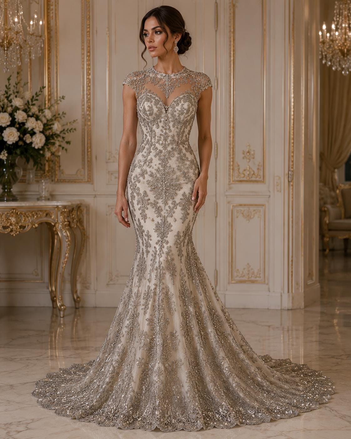 My Lady Luxury Lace - Silver - Hand Beaded Design with Embroidered Sequins and Beads On a Mesh Lace Fabric. Sold By The Yard