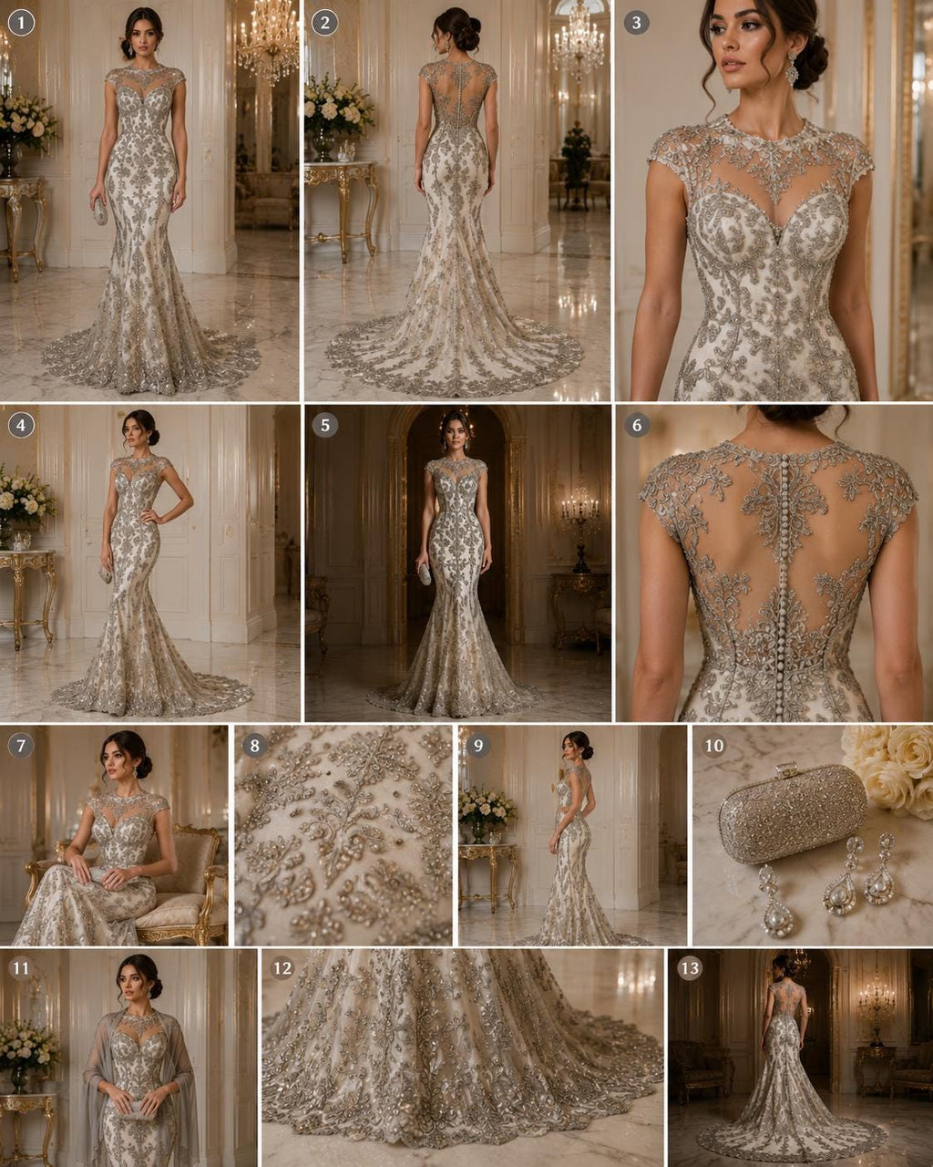 My Lady Luxury Lace - Silver - Hand Beaded Design with Embroidered Sequins and Beads On a Mesh Lace Fabric. Sold By The Yard