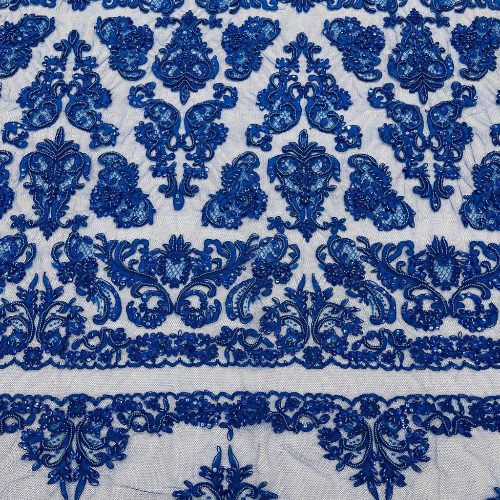 My Lady Luxury Lace - Royal Blue - Hand Beaded Design with Embroidered Sequins and Beads On a Mesh Lace Fabric. Sold By The Yard