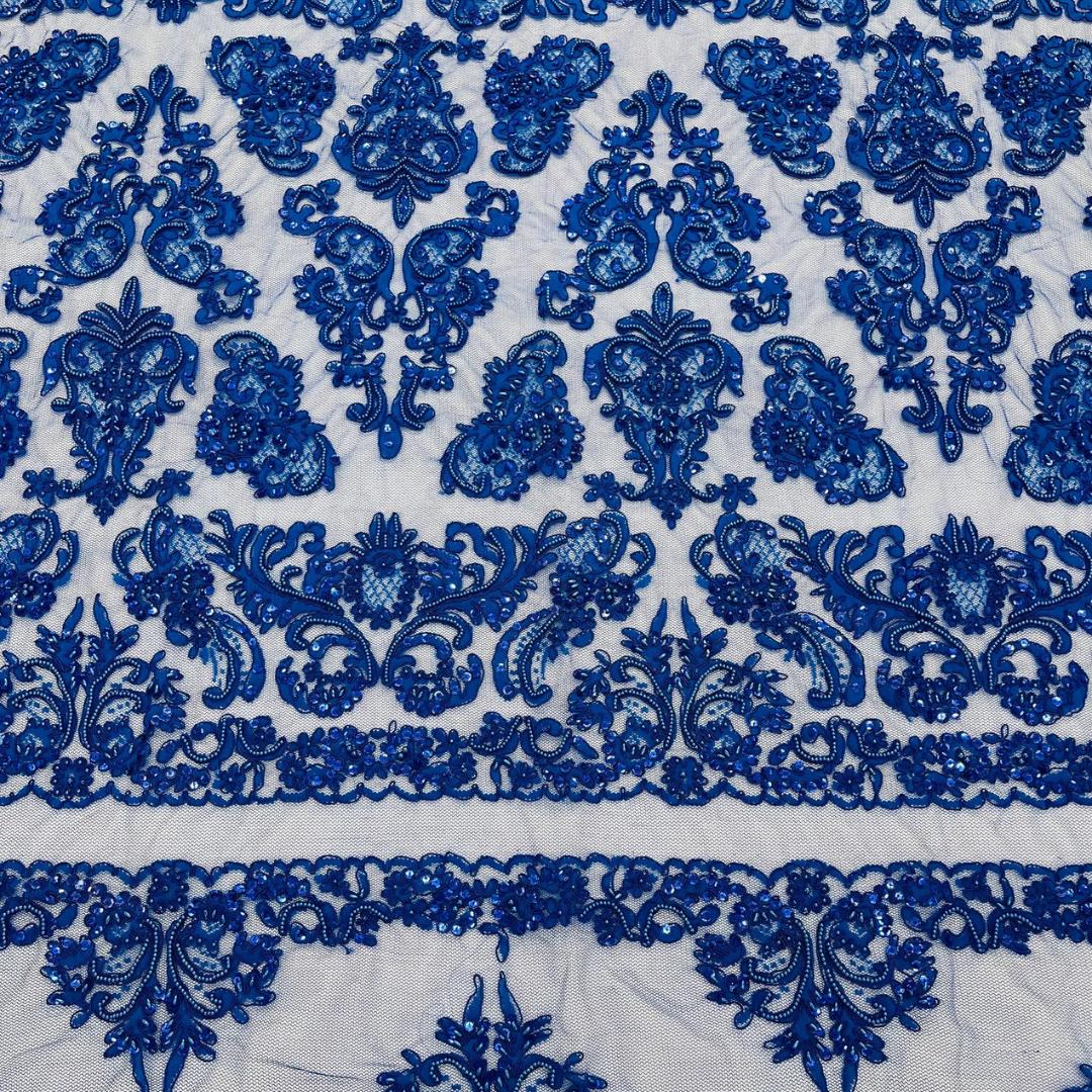 My Lady Luxury Lace - Royal Blue - Hand Beaded Design with Embroidered Sequins and Beads On a Mesh Lace Fabric. Sold By The Yard
