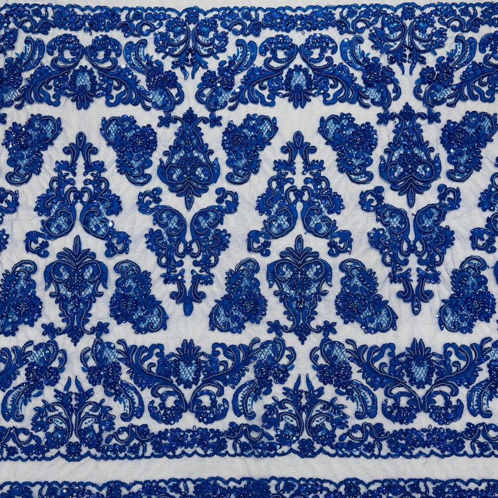 My Lady Luxury Lace - Royal Blue - Hand Beaded Design with Embroidered Sequins and Beads On a Mesh Lace Fabric. Sold By The Yard