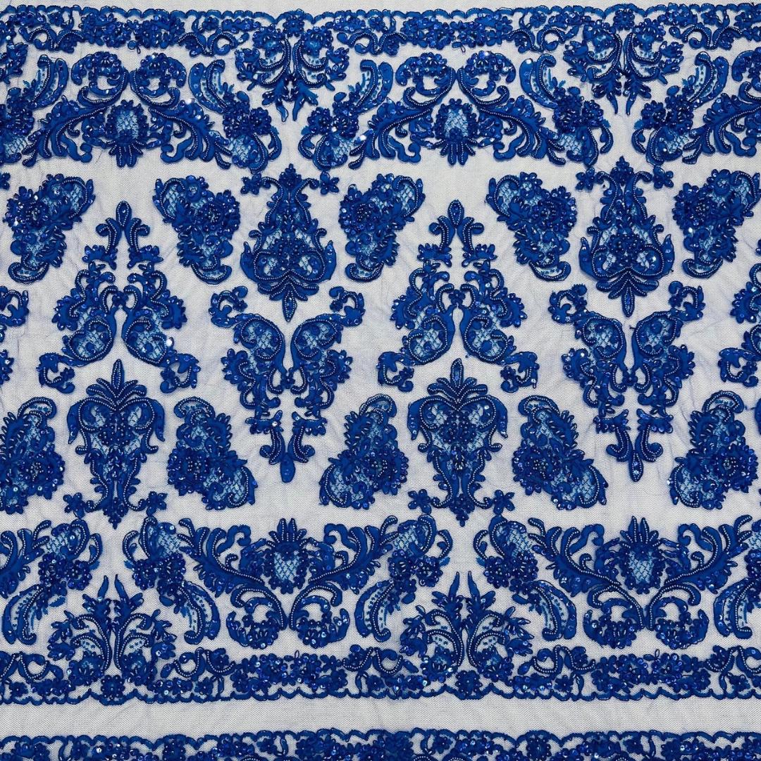 My Lady Luxury Lace - Royal Blue - Hand Beaded Design with Embroidered Sequins and Beads On a Mesh Lace Fabric. Sold By The Yard