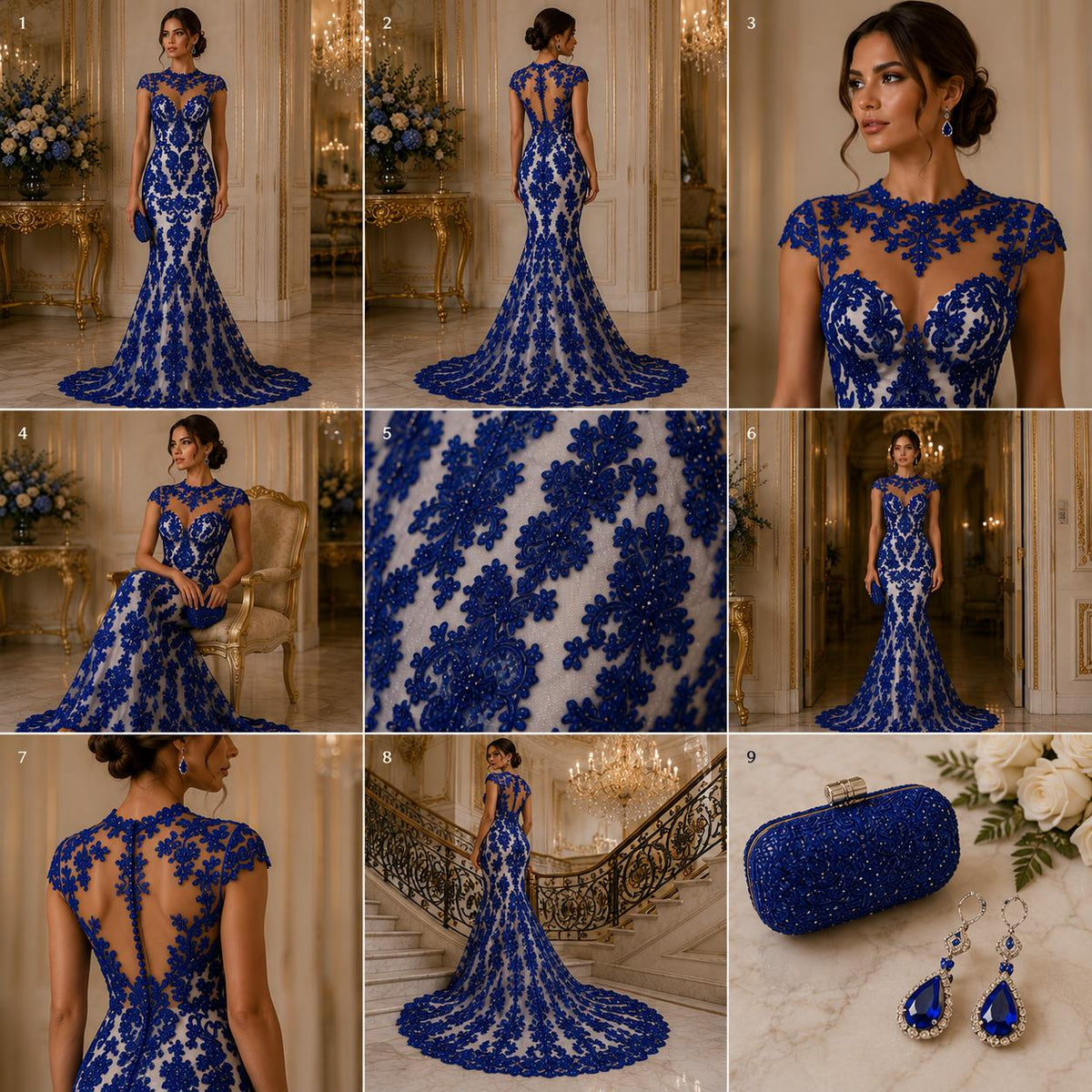My Lady Luxury Lace - Royal Blue - Hand Beaded Design with Embroidered Sequins and Beads On a Mesh Lace Fabric. Sold By The Yard