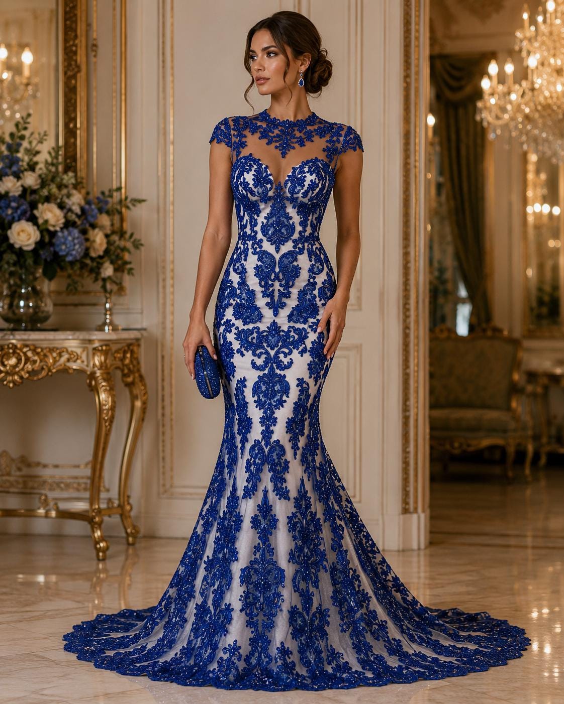 My Lady Luxury Lace - Royal Blue - Hand Beaded Design with Embroidered Sequins and Beads On a Mesh Lace Fabric. Sold By The Yard