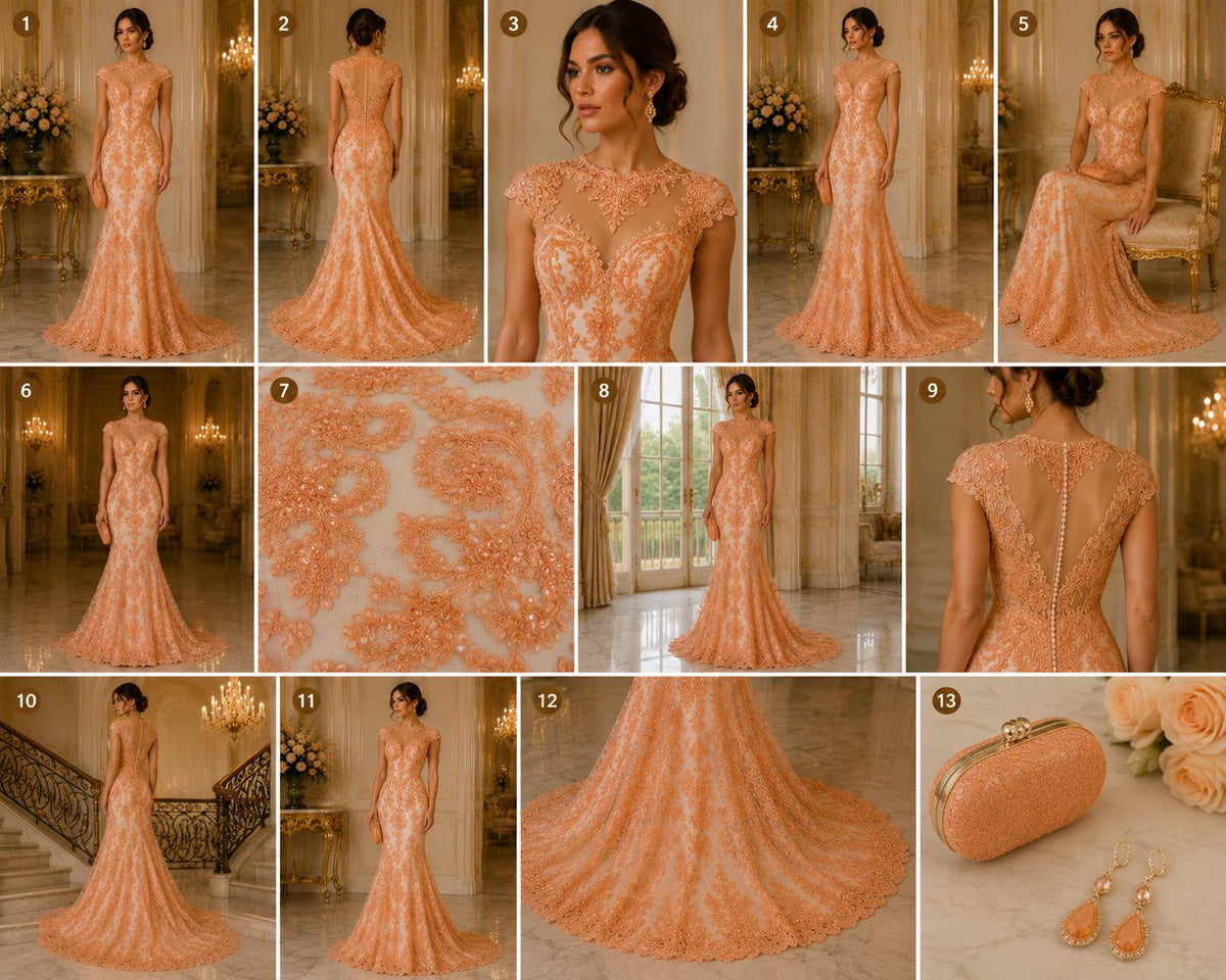 My Lady Luxury Lace - Peach - Hand Beaded Design with Embroidered Sequins and Beads On a Mesh Lace Fabric. Sold By The Yard