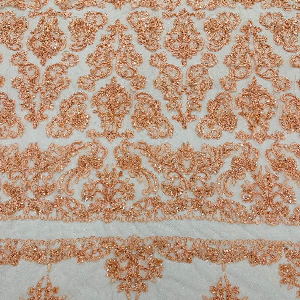 My Lady Luxury Lace - Peach - Hand Beaded Design with Embroidered Sequins and Beads On a Mesh Lace Fabric. Sold By The Yard