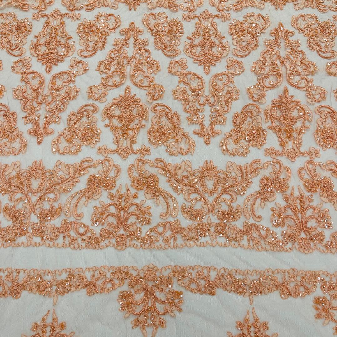 My Lady Luxury Lace - Peach - Hand Beaded Design with Embroidered Sequins and Beads On a Mesh Lace Fabric. Sold By The Yard