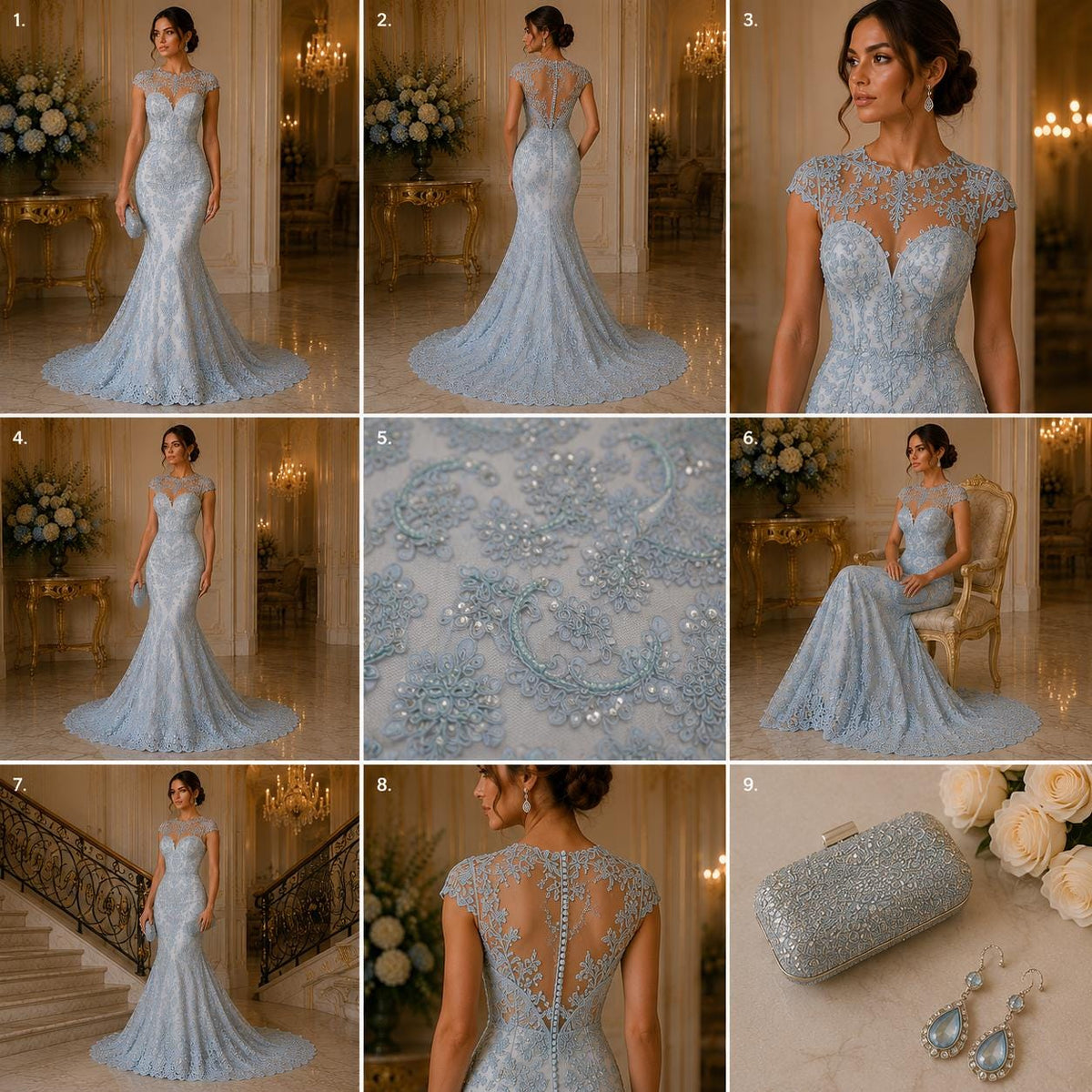 My Lady Luxury Lace - Baby Blue - Hand Beaded Design with Embroidered Sequins and Beads On a Mesh Lace Fabric. Sold By The Yard