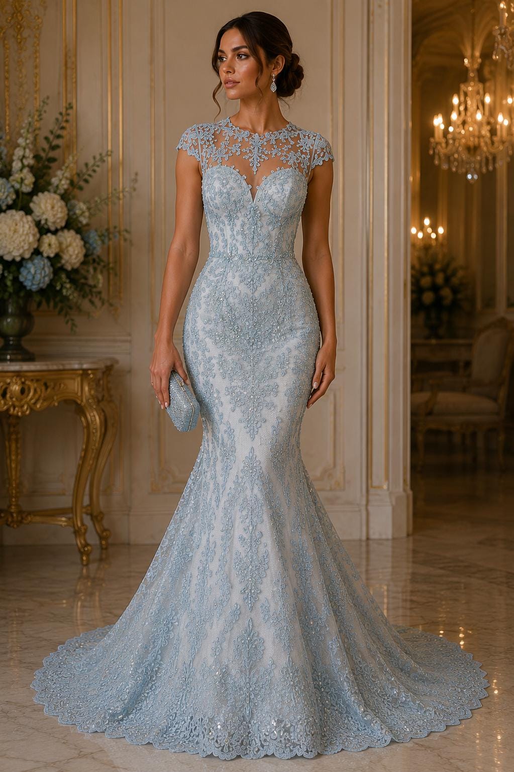 My Lady Luxury Lace - Baby Blue - Hand Beaded Design with Embroidered Sequins and Beads On a Mesh Lace Fabric. Sold By The Yard