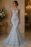 My Lady Luxury Lace - Baby Blue - Hand Beaded Design with Embroidered Sequins and Beads On a Mesh Lace Fabric. Sold By The Yard