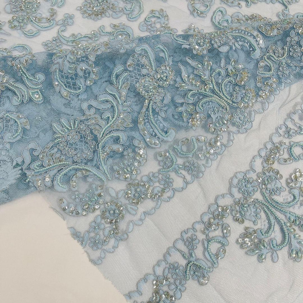 My Lady Luxury Lace - Baby Blue - Hand Beaded Design with Embroidered Sequins and Beads On a Mesh Lace Fabric. Sold By The Yard