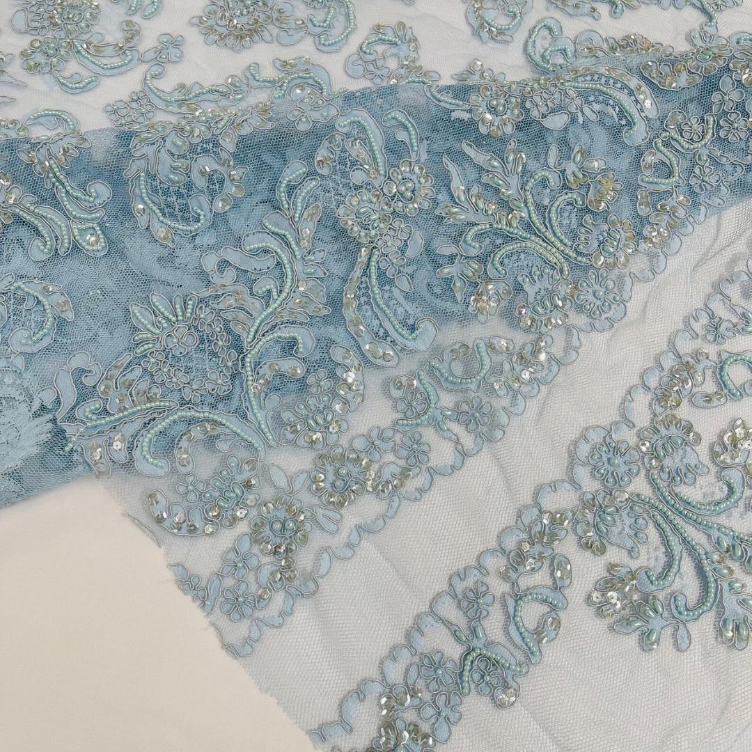 My Lady Luxury Lace - Baby Blue - Hand Beaded Design with Embroidered Sequins and Beads On a Mesh Lace Fabric. Sold By The Yard