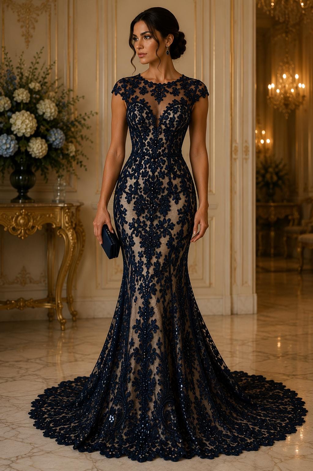 My Lady Luxury Lace - Navy Blue - Hand Beaded Design with Embroidered Sequins and Beads On a Mesh Lace Fabric. Sold By The Yard