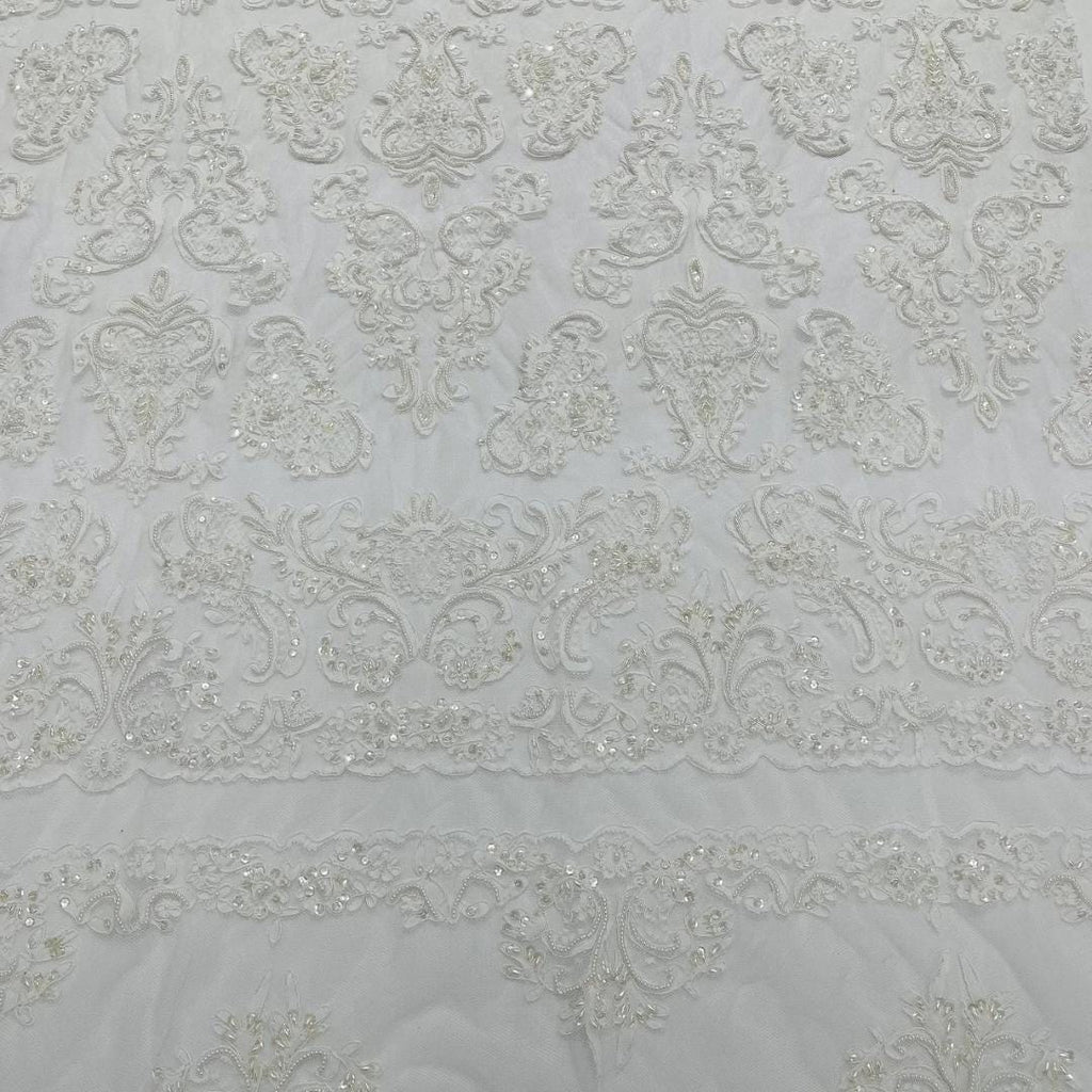 My Lady Luxury Lace - White - Hand Beaded Design with Embroidered Sequins and Beads On a Mesh Lace Fabric. Sold By The Yard