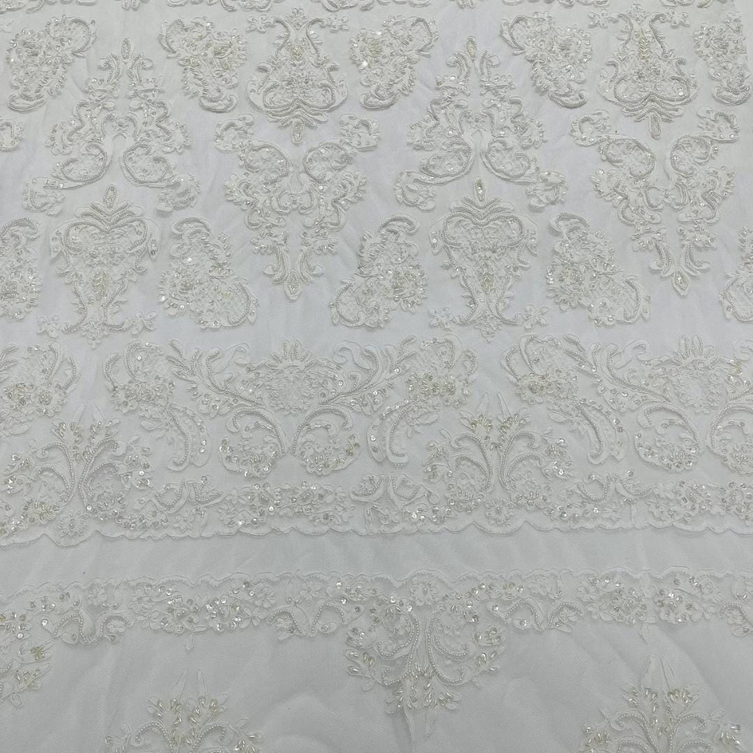 My Lady Luxury Lace - White - Hand Beaded Design with Embroidered Sequins and Beads On a Mesh Lace Fabric. Sold By The Yard