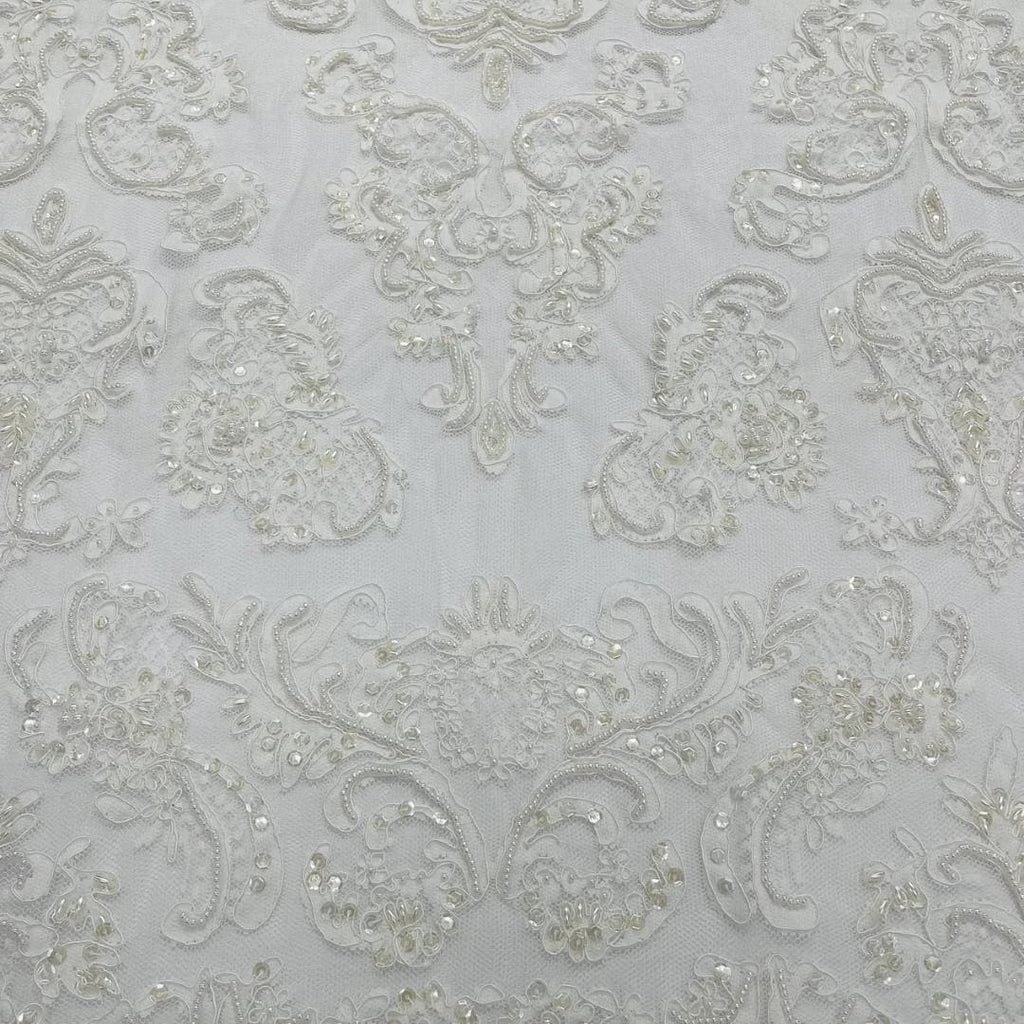 My Lady Luxury Lace - White - Hand Beaded Design with Embroidered Sequins and Beads On a Mesh Lace Fabric. Sold By The Yard