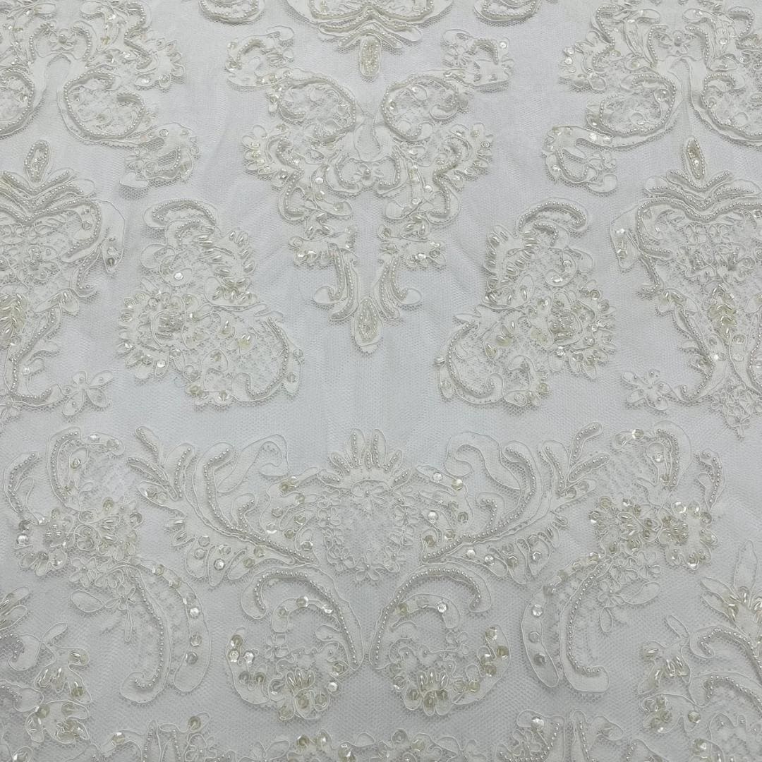 My Lady Luxury Lace - White - Hand Beaded Design with Embroidered Sequins and Beads On a Mesh Lace Fabric. Sold By The Yard