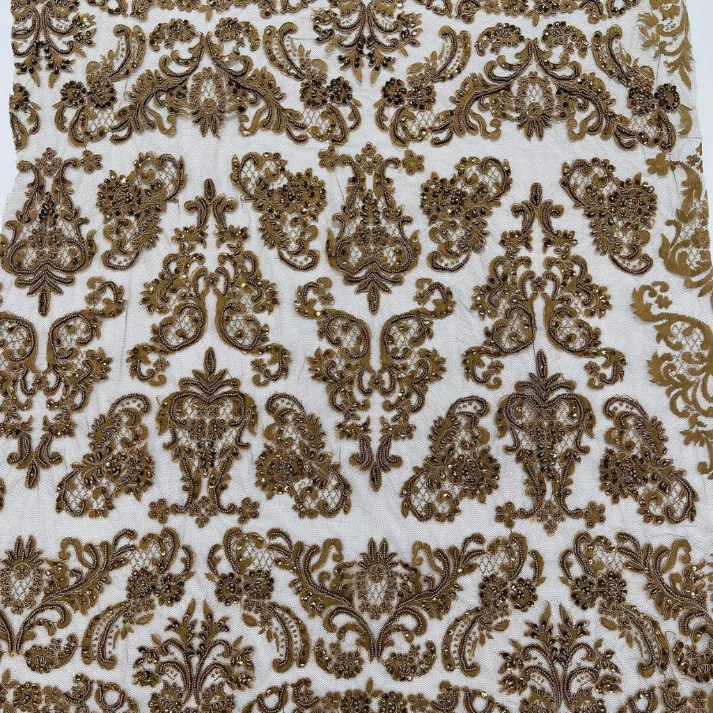 My Lady Luxury Lace - Brown - Hand Beaded Design with Embroidered Sequins and Beads On a Mesh Lace Fabric. Sold By The Yard