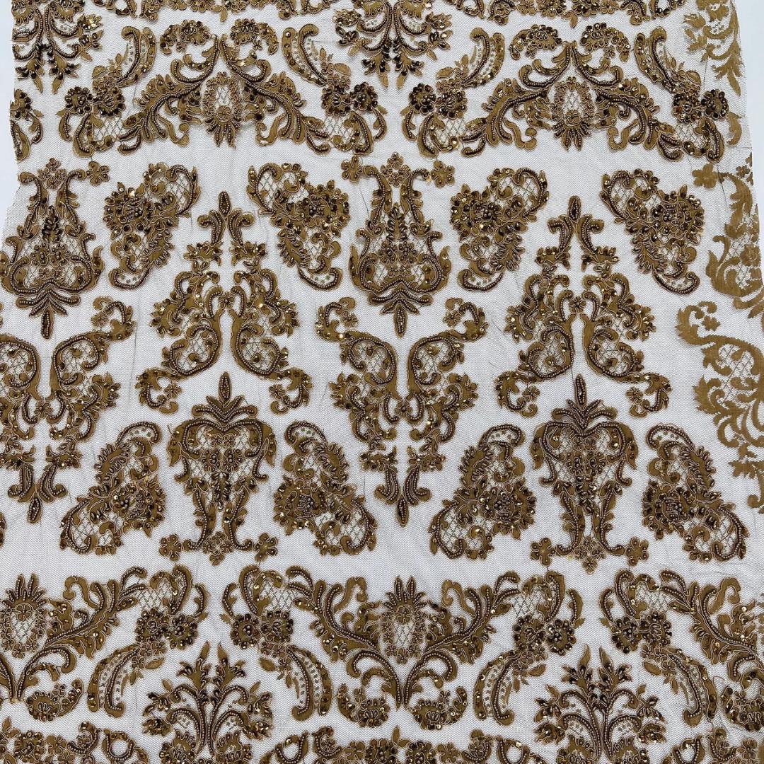 My Lady Luxury Lace - Brown - Hand Beaded Design with Embroidered Sequins and Beads On a Mesh Lace Fabric. Sold By The Yard