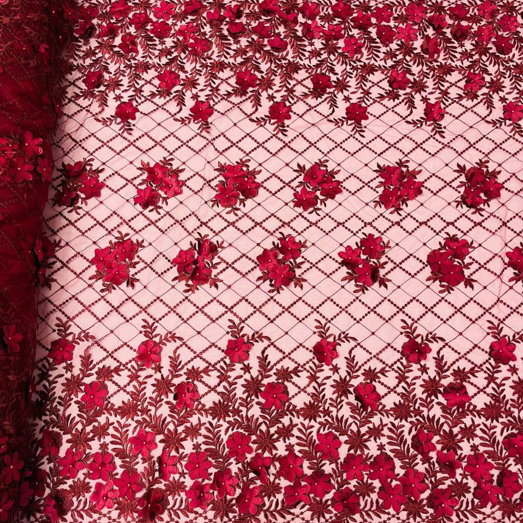 3D Floral Embroidery Lace with Pearls Fabric -  BURGUNDY - Sold By The Yard Fabric