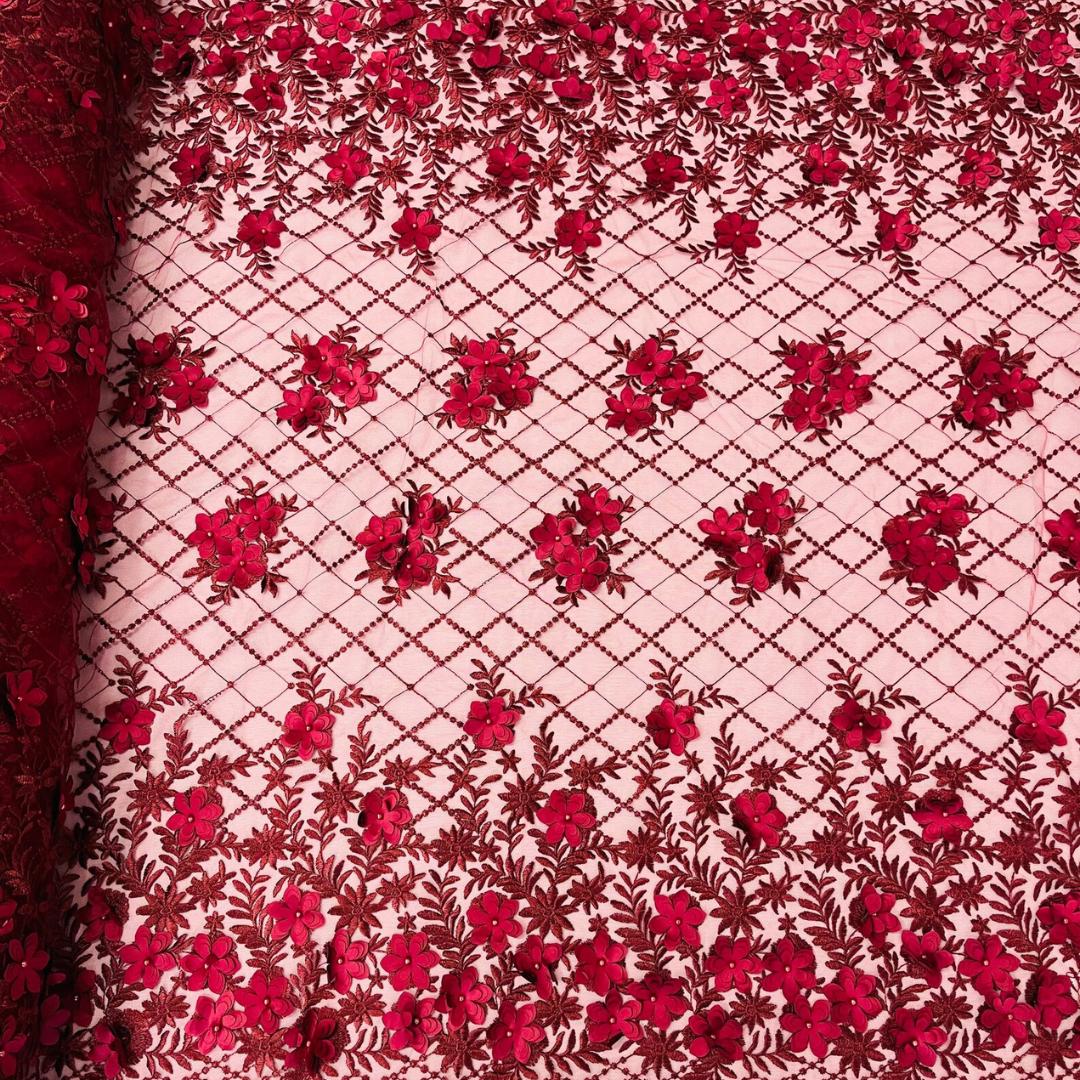 3D Floral Embroidery Lace with Pearls Fabric -  BURGUNDY - Sold By The Yard Fabric
