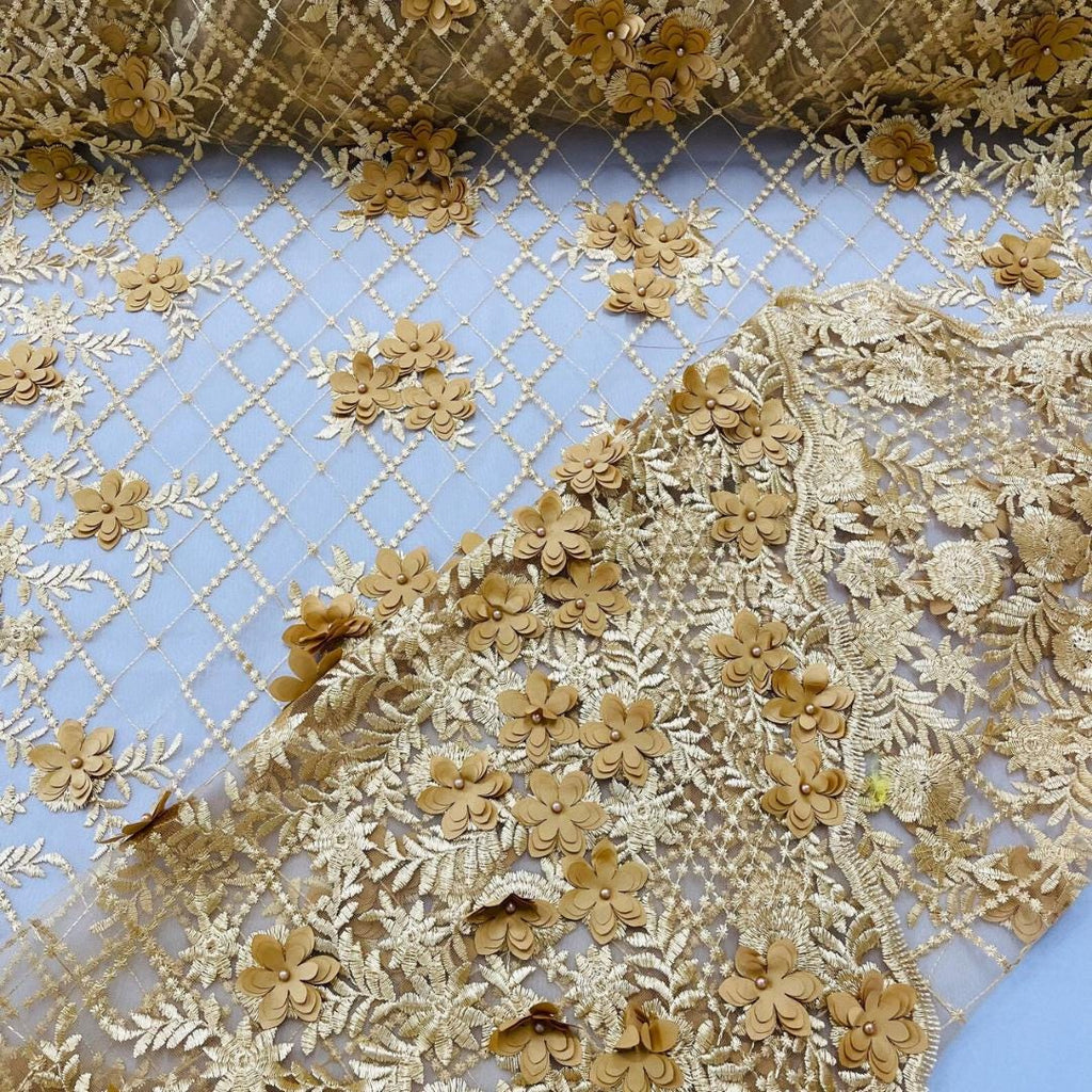3D Floral Embroidery Lace with Pearls Fabric -  GOLD - Sold By The Yard Fabric