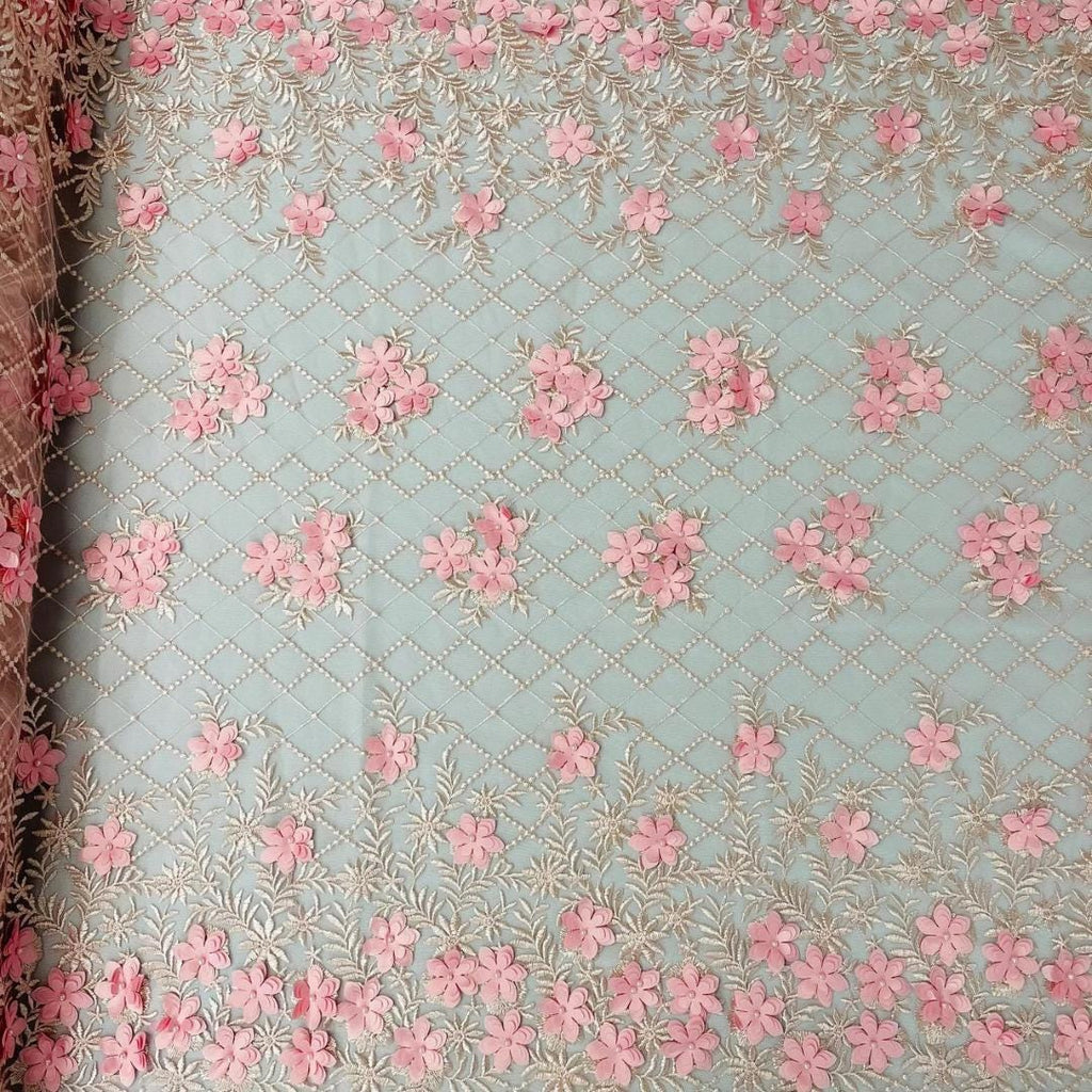 3D Floral Embroidery Lace with Pearls Fabric -  PINK - Sold By The Yard Fabric