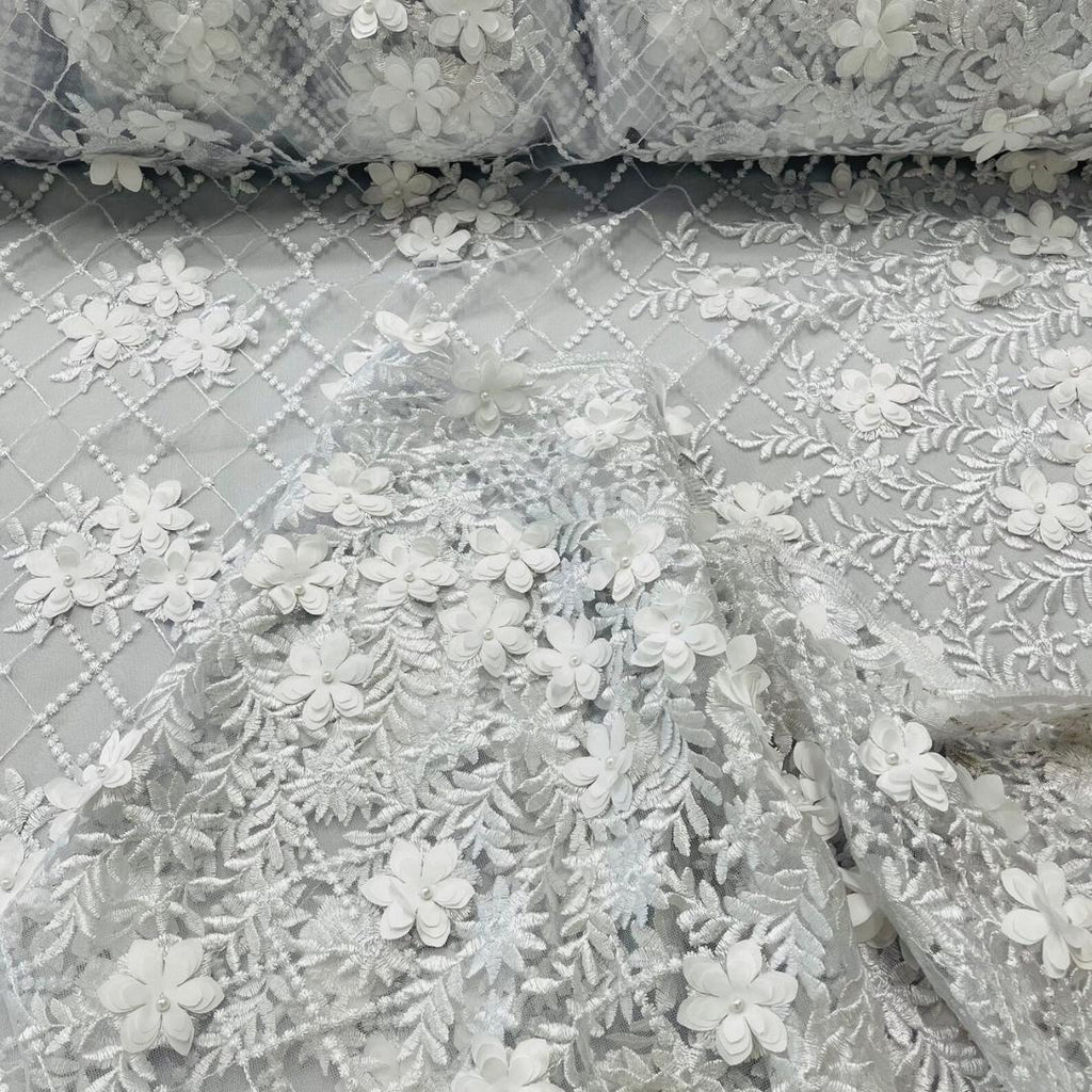 3D Floral Embroidery Lace with Pearls Fabric -  WHITE - Sold By The Yard Fabric