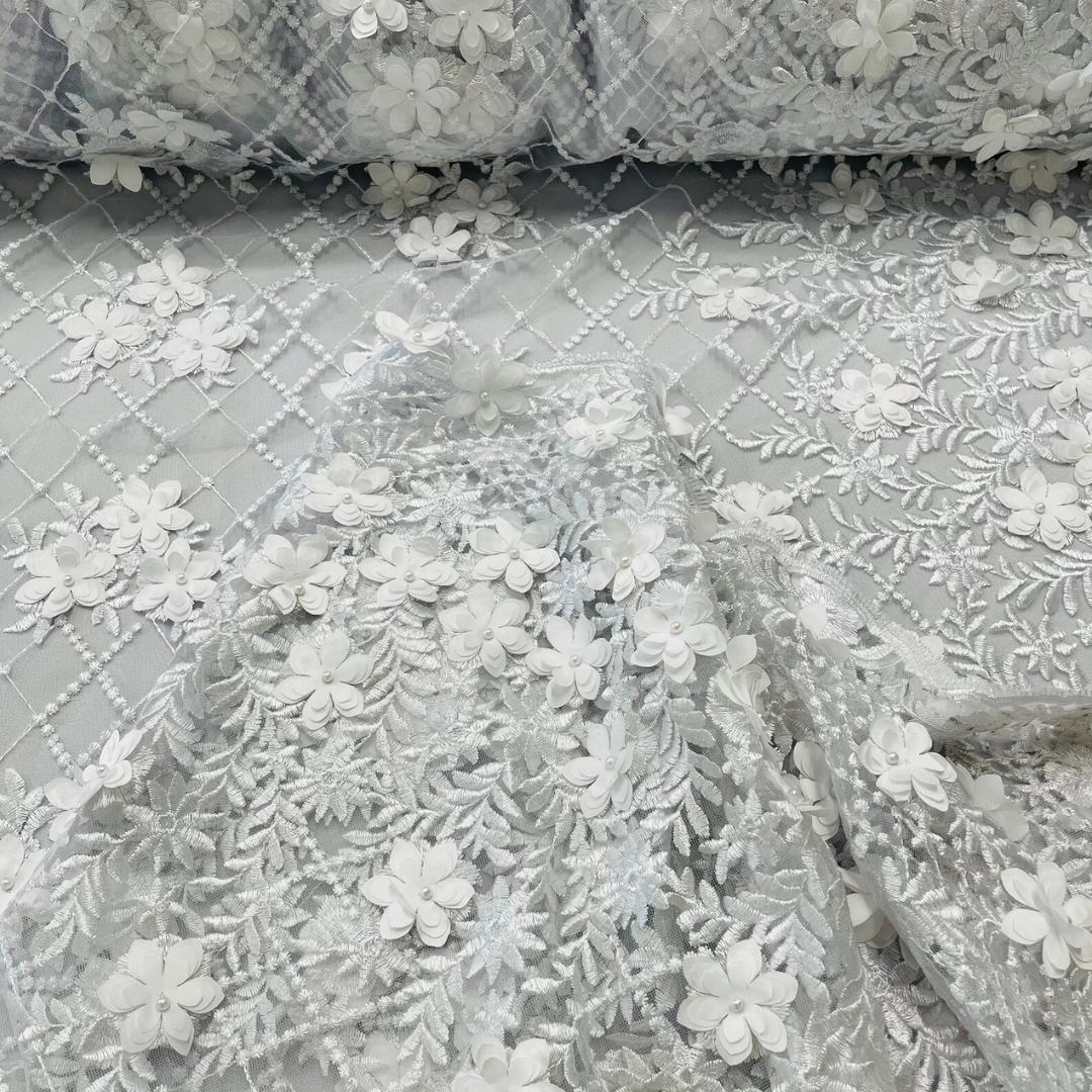 3D Floral Embroidery Lace with Pearls Fabric -  WHITE - Sold By The Yard Fabric