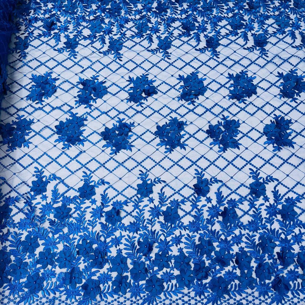 3D Floral Embroidery Lace with Pearls Fabric -  ROYAL BLUE - Sold By The Yard Fabric